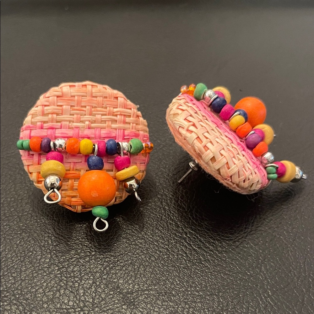 Handmade Woven Bead Button Earrings - Pink, Orange, Multicolor